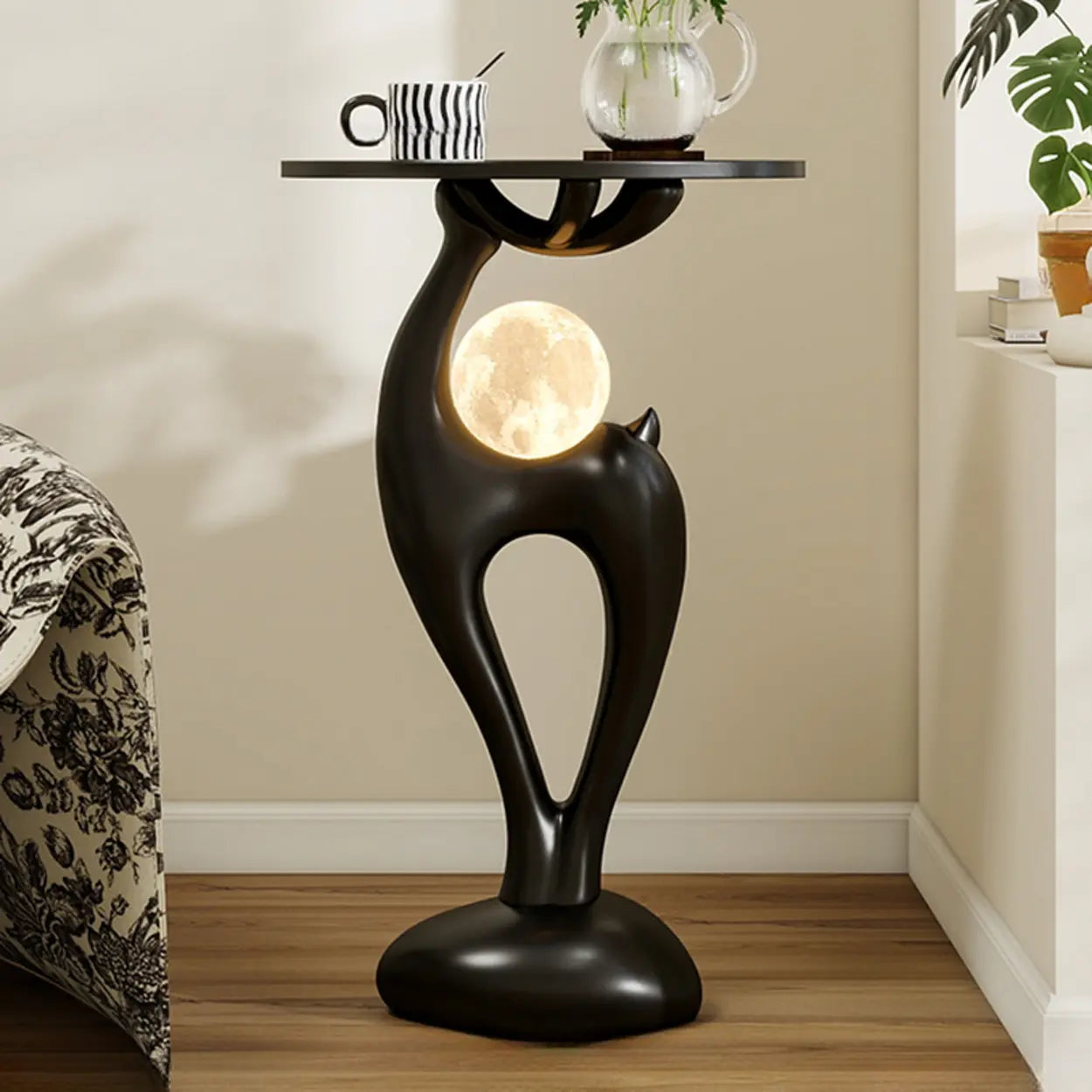 Modern Sculptural Animal Wood Side Table with Light — White