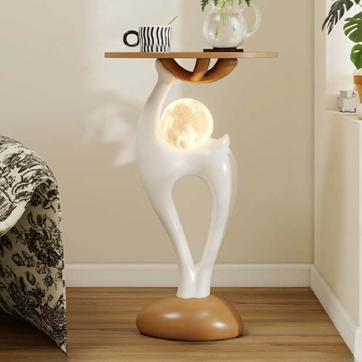 Modern Sculptural Animal Wood Side Table with Light