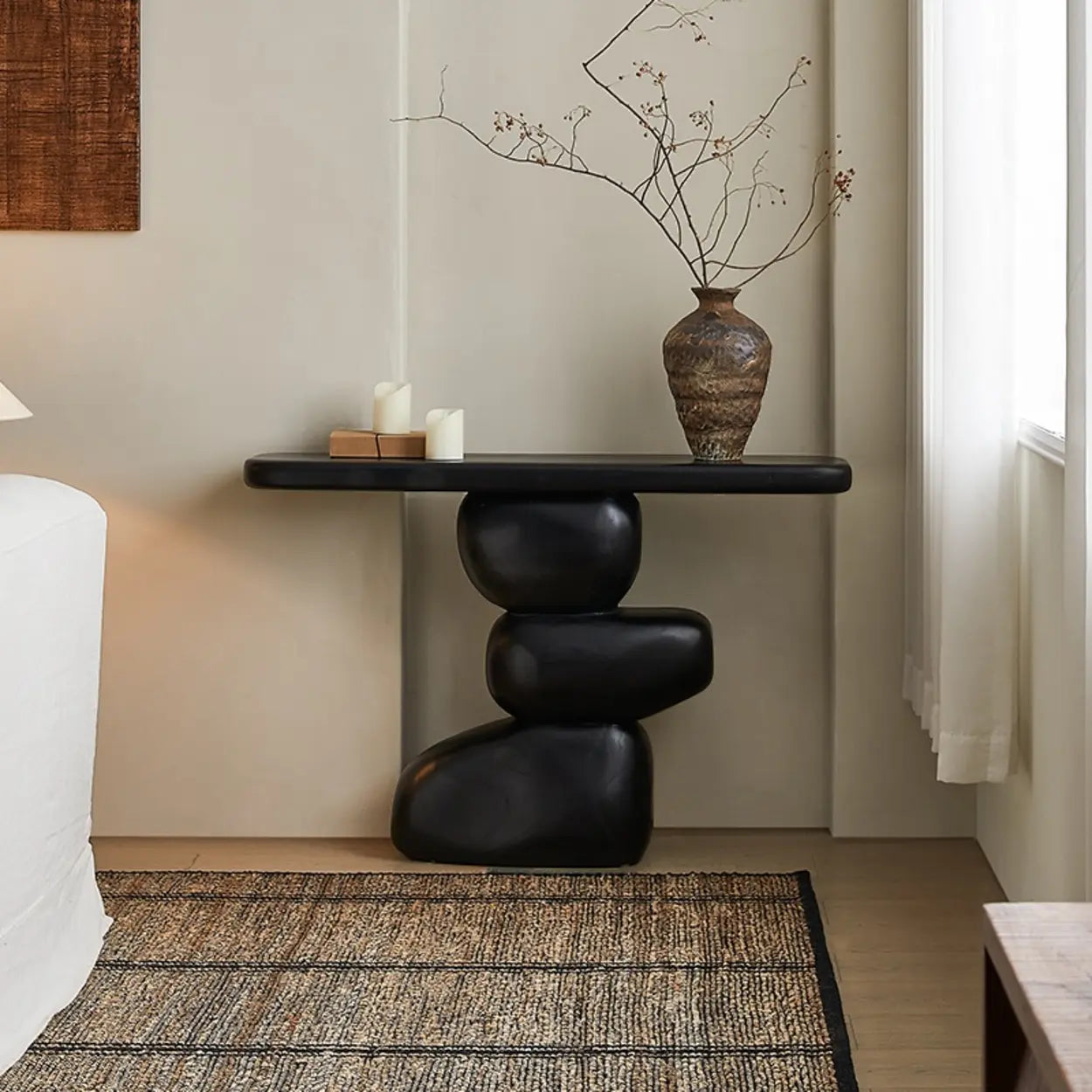 Modern sculptural end & side tables in wood — 31" L x 12" W x 31" H