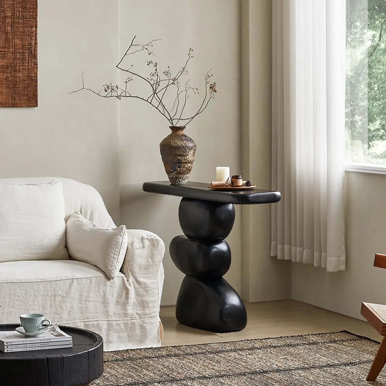 Modern Black Sculptural Wood Console Table