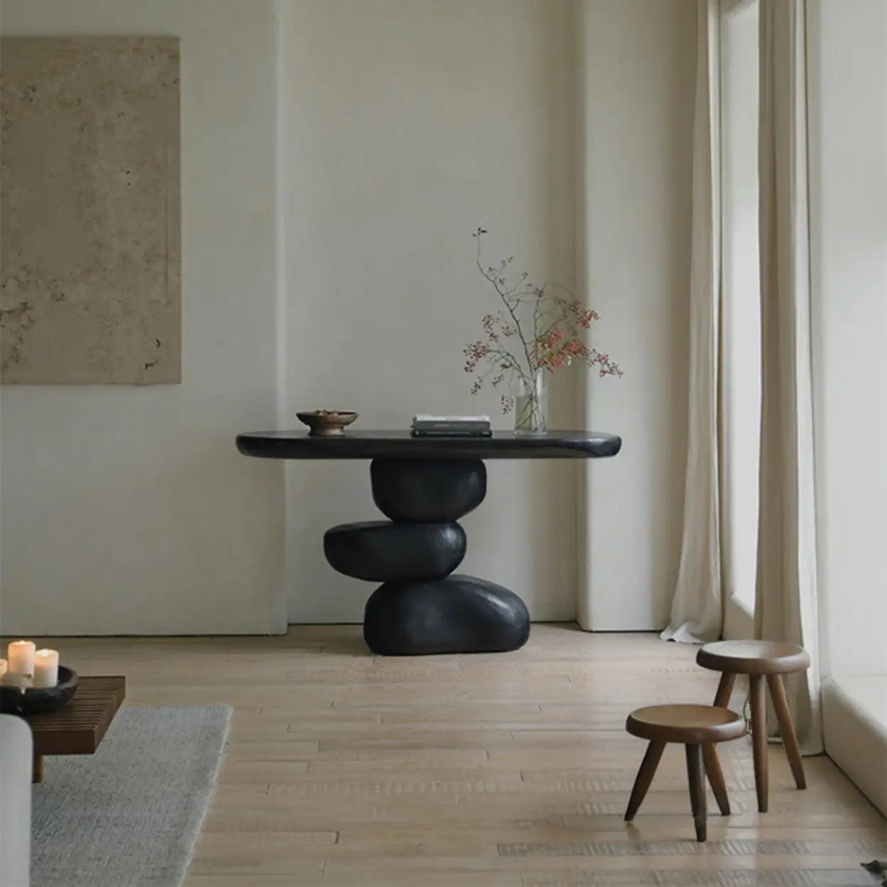 Modern Black Sculptural Wood Console Table