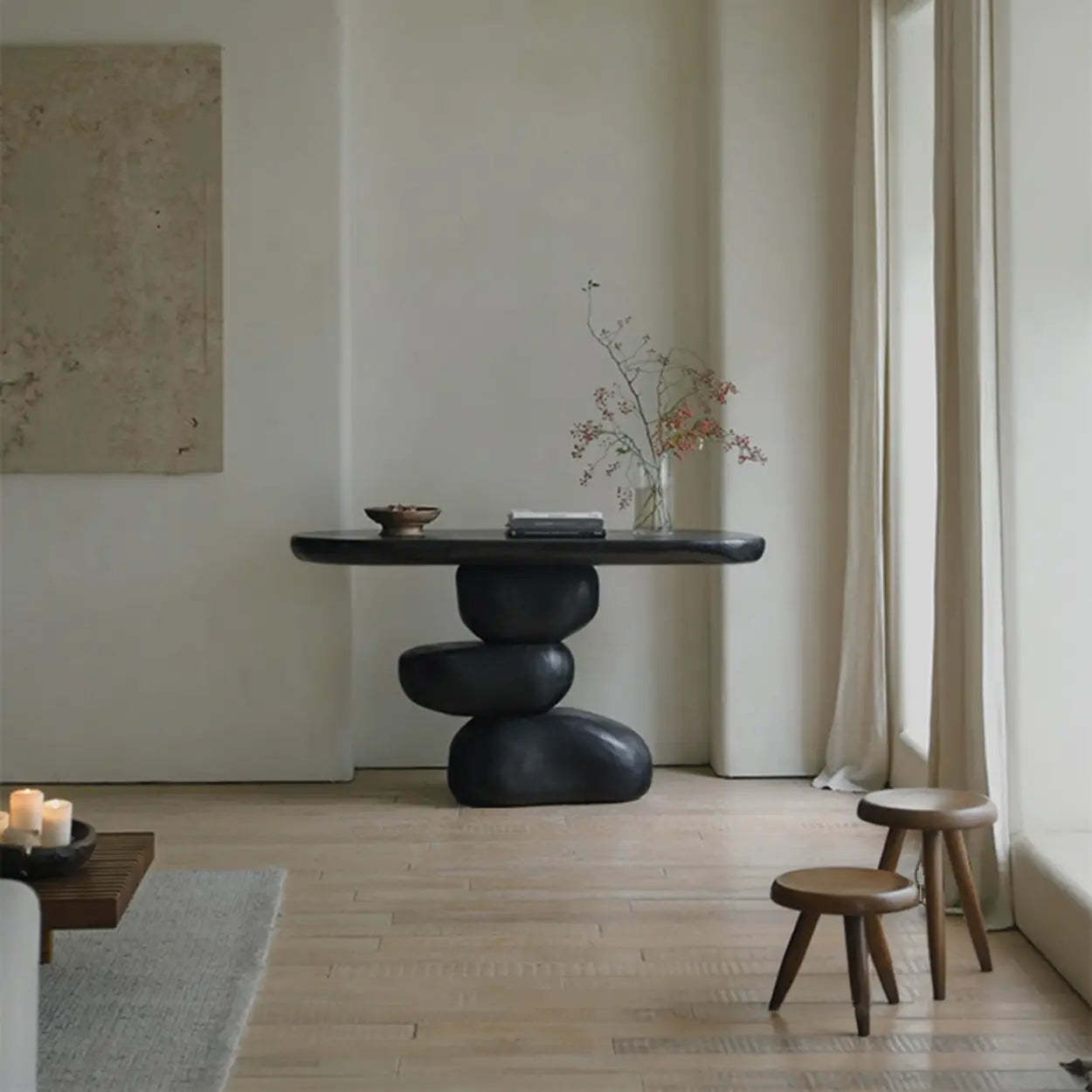 Modern Black Sculptural Wood Console Table