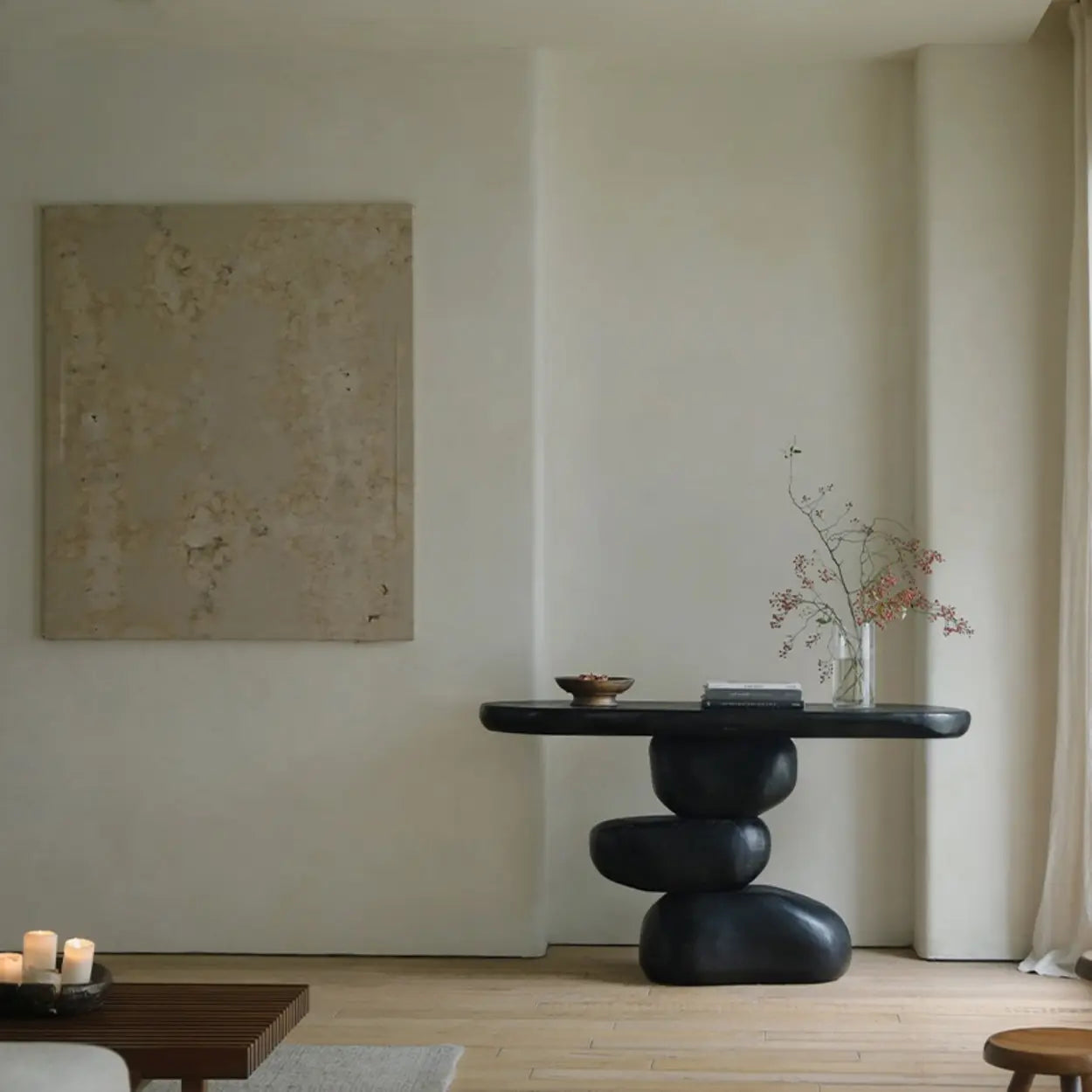 Modern Black Sculptural Wood Console Table