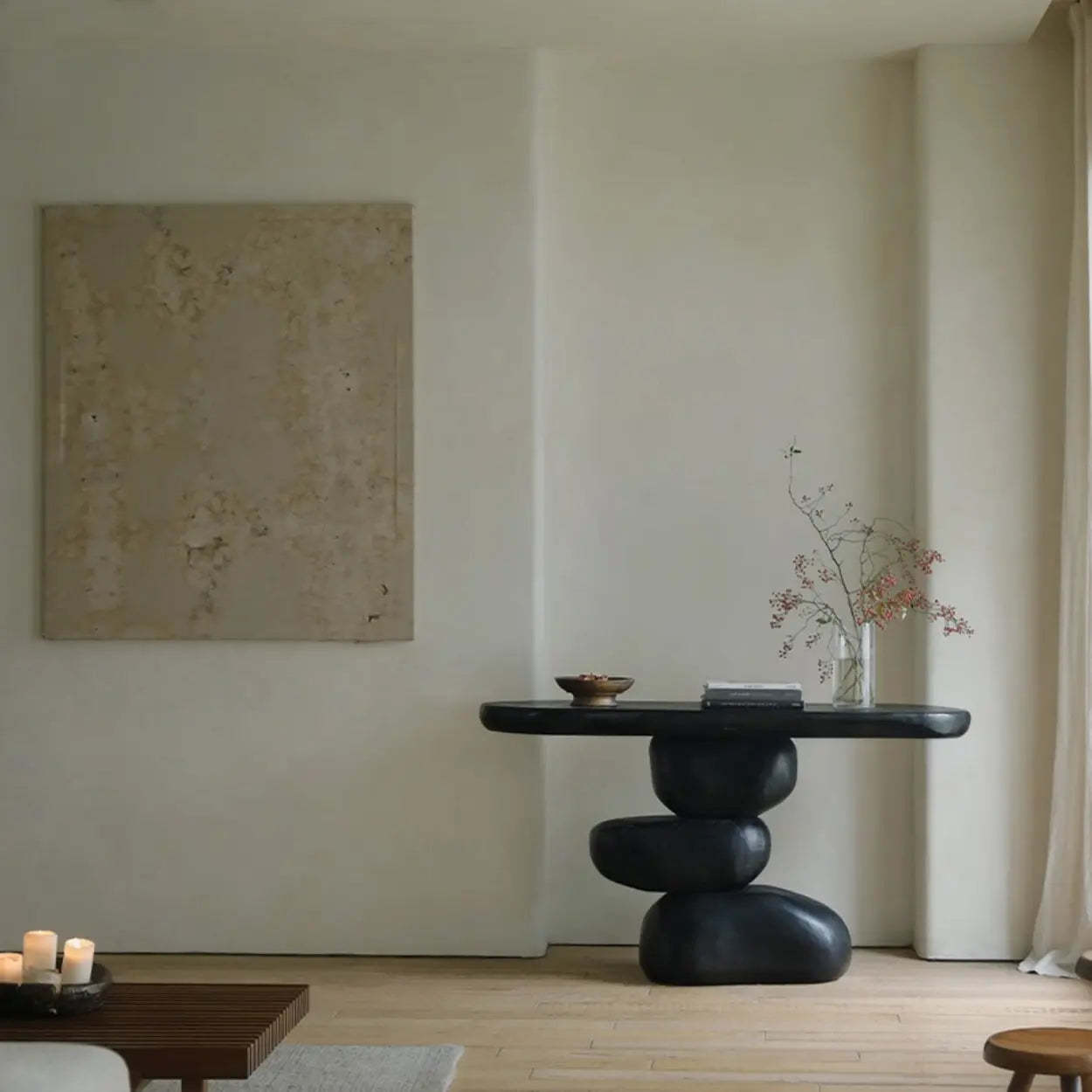 Modern Black Sculptural Wood Console Table