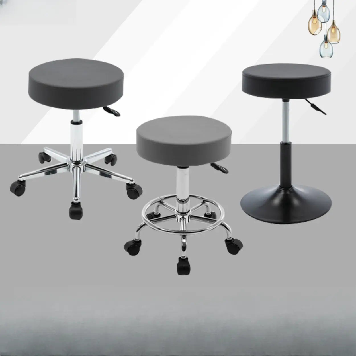 Modern Backless Round Steel Office Stool with Wheels — Black / 5 Legs