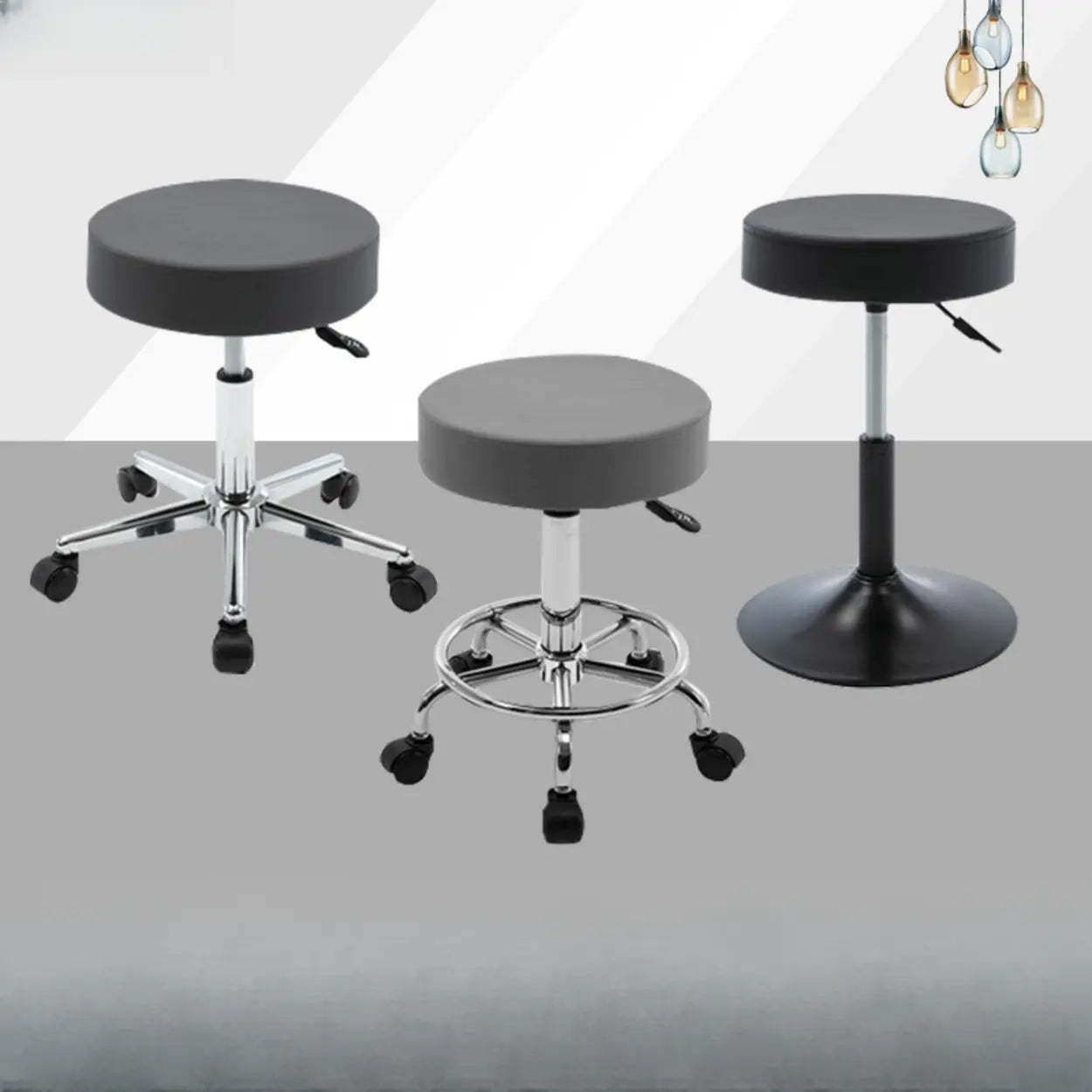 Modern Backless Round Steel Office Stool with Wheels — Black / 5 Legs