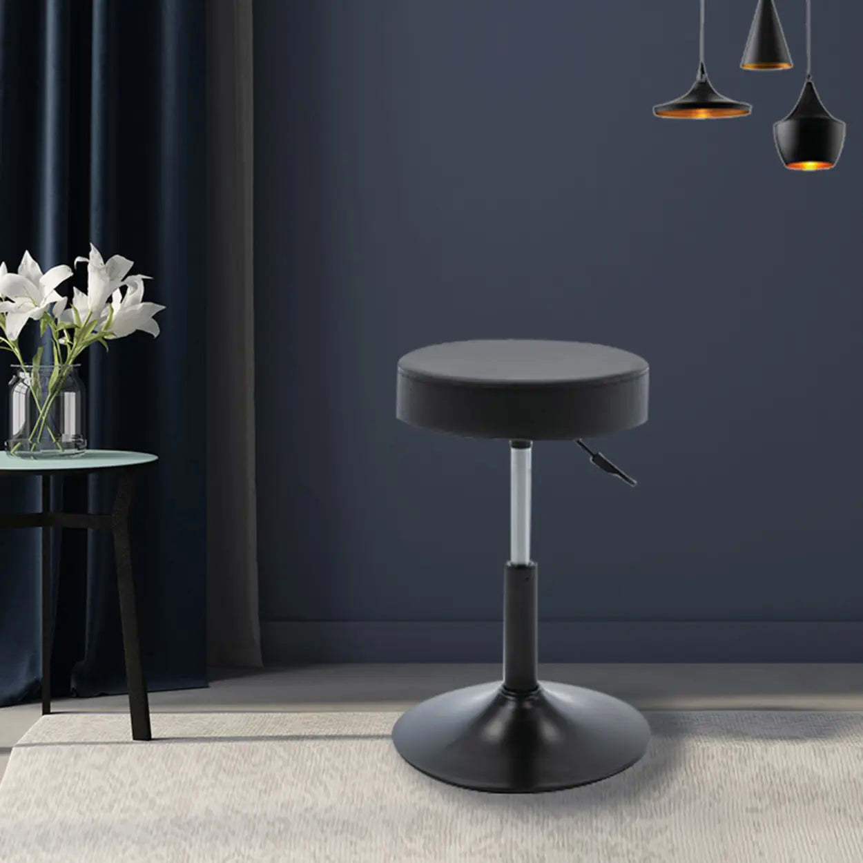 Modern Backless Round Steel Office Stool with Wheels — Black / Foot Nail Design