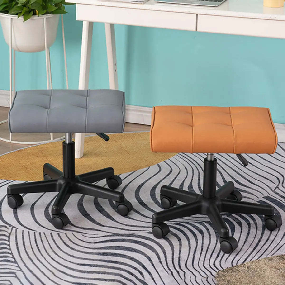 Modern Orange Backless Synthetic Office Stool — Black / Cowhide / Pulley