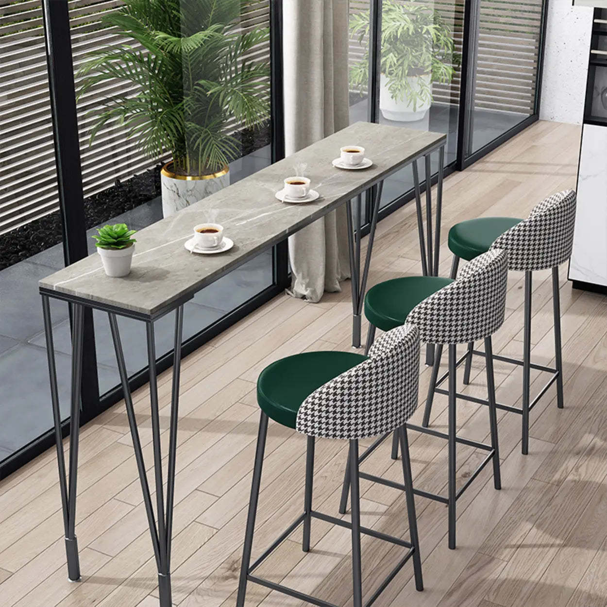 Glam Slim Gray Stone Rectangular Breakfast Bar Table — Gold / Table Only