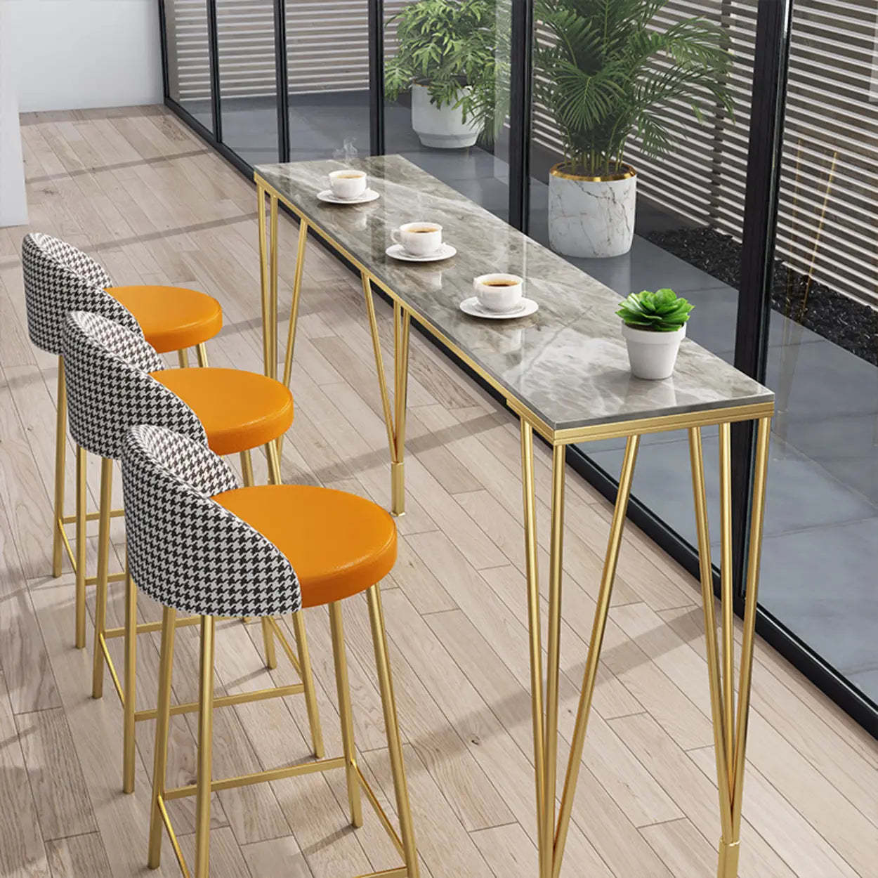 Glam Slim Gray Stone Rectangular Breakfast Bar Table — Gold / Table Only