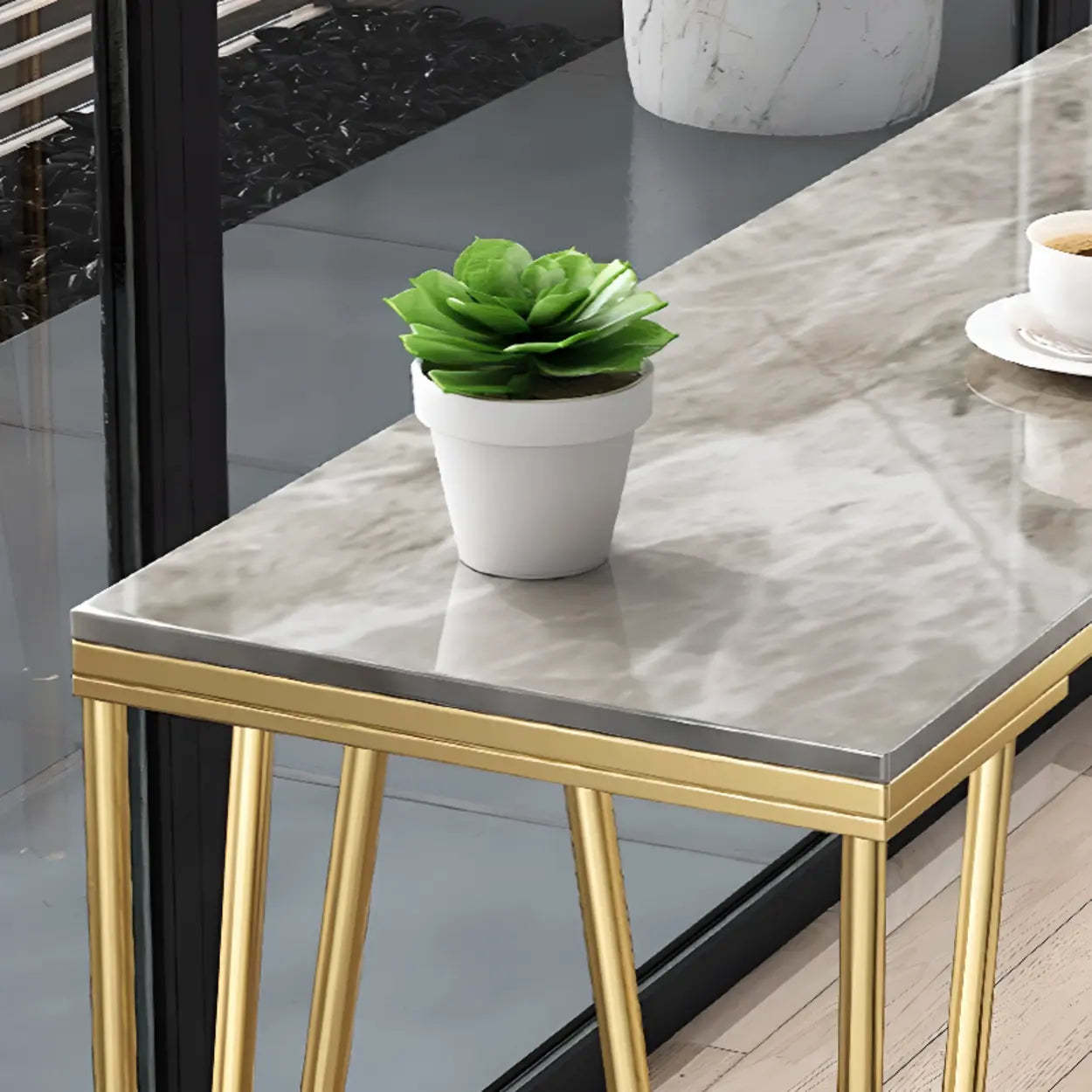 Glam Slim Gray Stone Rectangular Breakfast Bar Table — Black / Table Only
