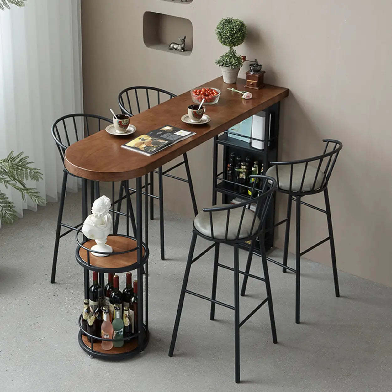 Contemporary Brown Wood Bar Table with Shelves — Table Only