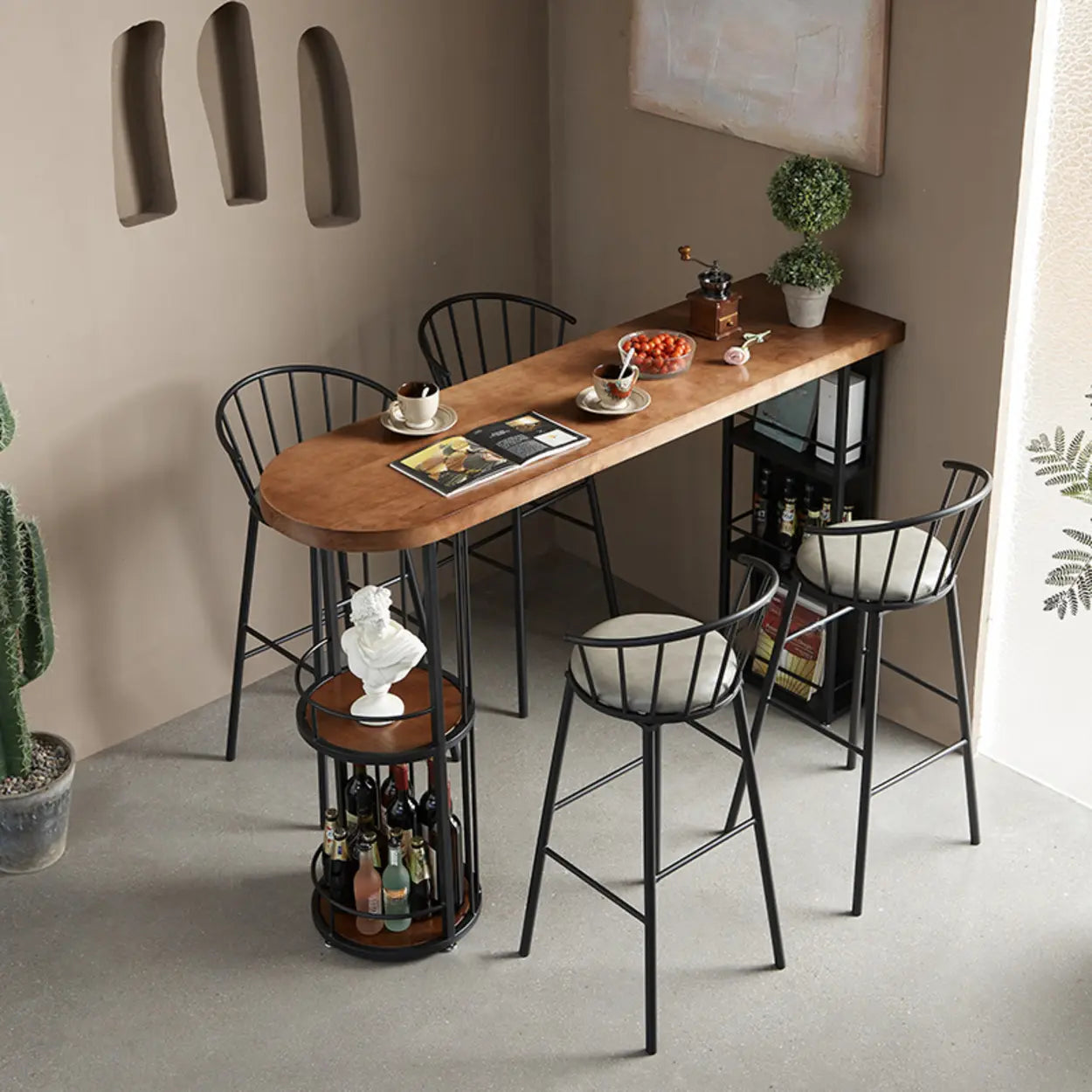 Contemporary Brown Wood Bar Table with Shelves — Table Only