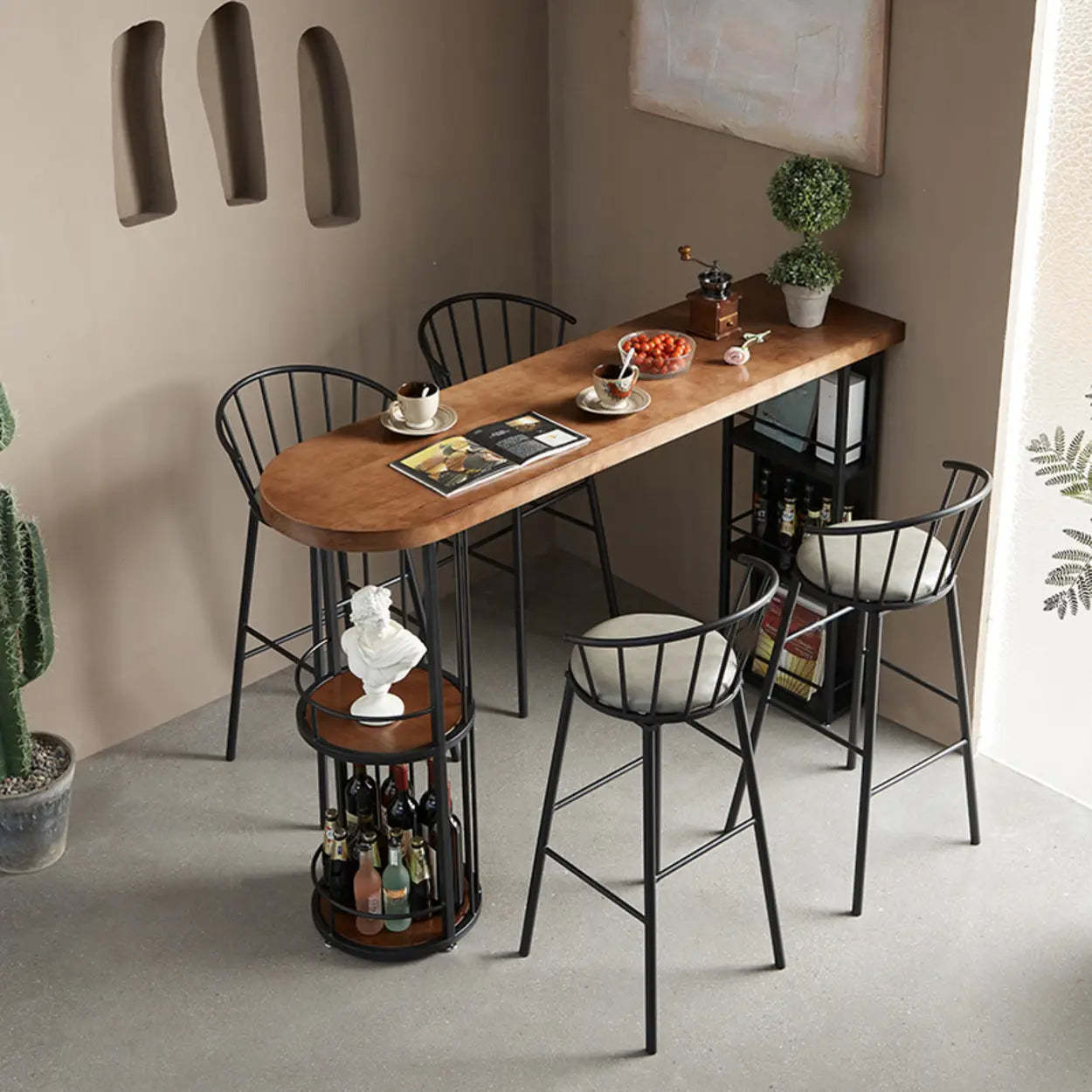Contemporary Brown Wood Bar Table with Shelves — Table Only
