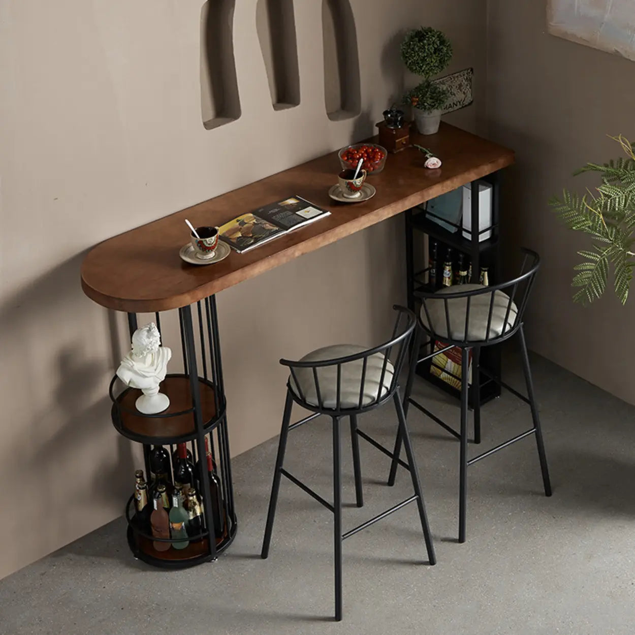 Contemporary Brown Wood Bar Table with Shelves — Table Only