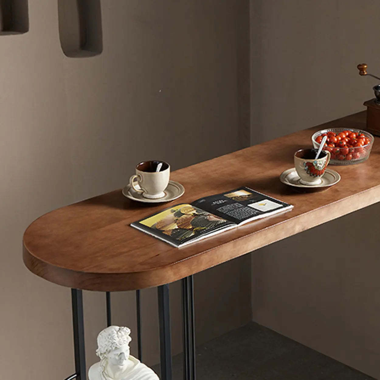 Contemporary Brown Wood Bar Table with Shelves — Table Only