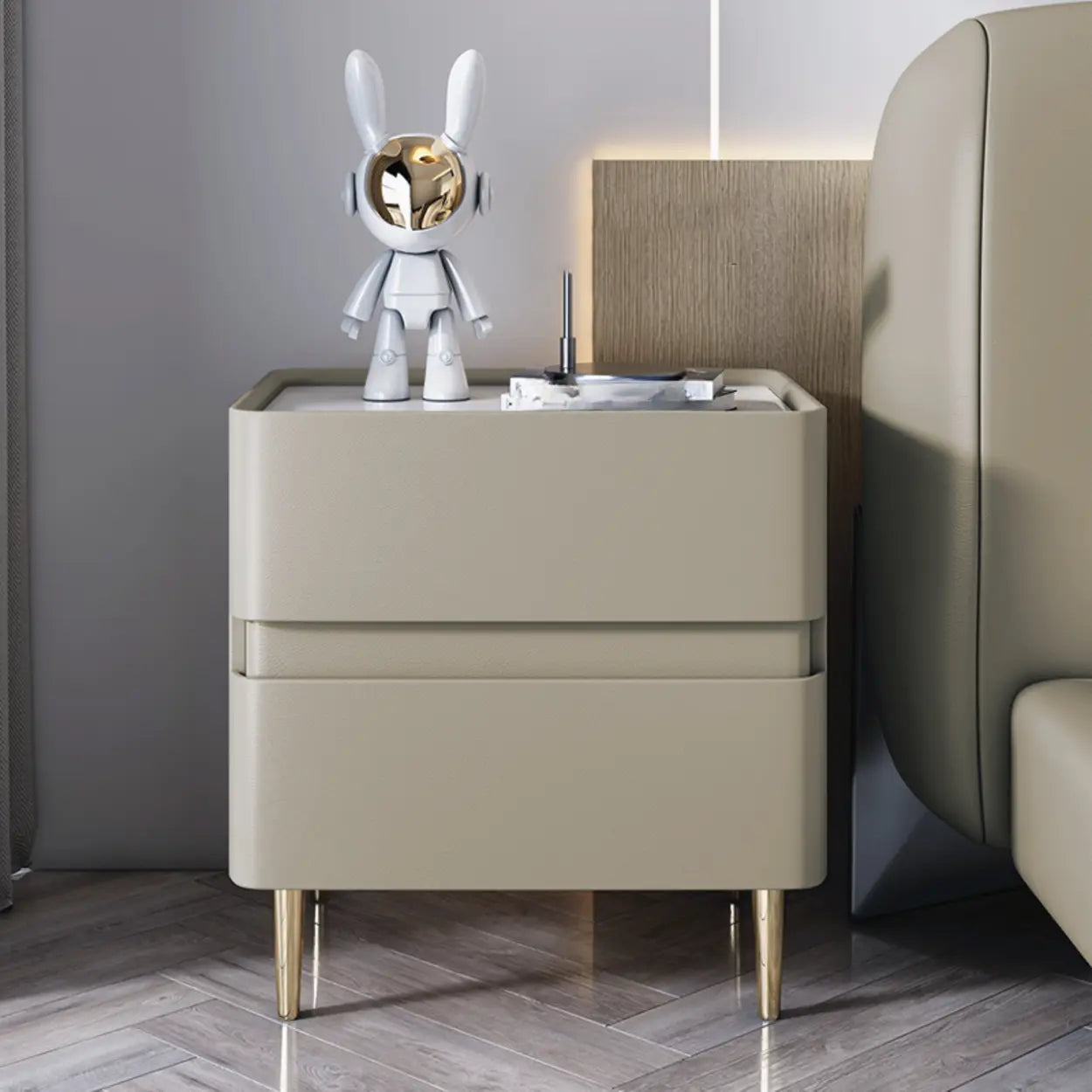 Modern Beige Gold Leg Nightstand with Drawer