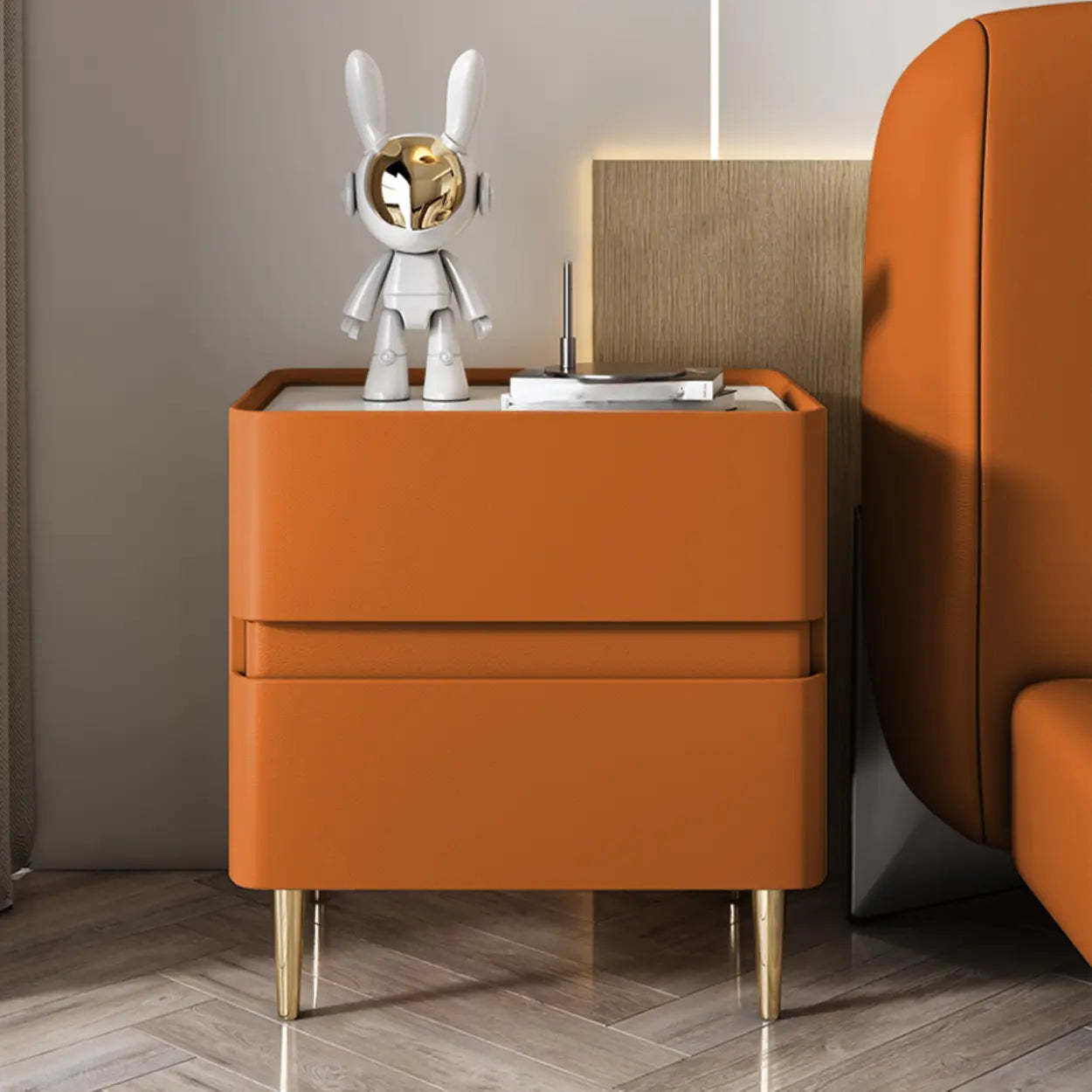 Modern Beige Gold Leg Nightstand with Drawer — Beige