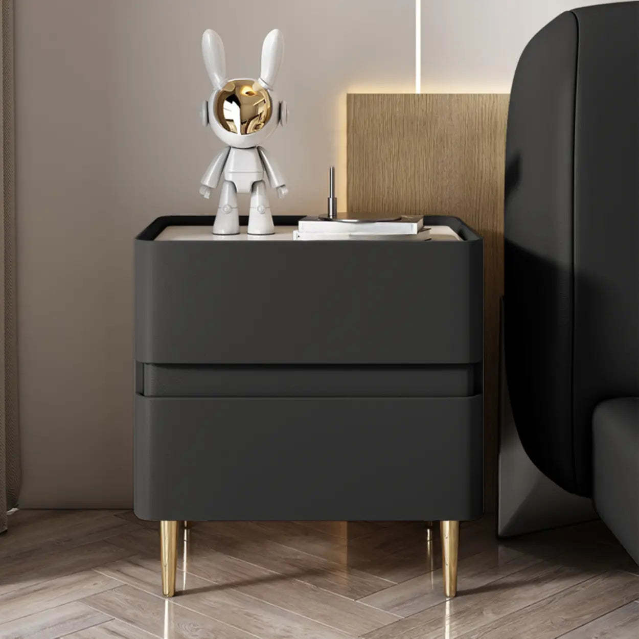 Modern Beige Gold Leg Nightstand with Drawer — Beige
