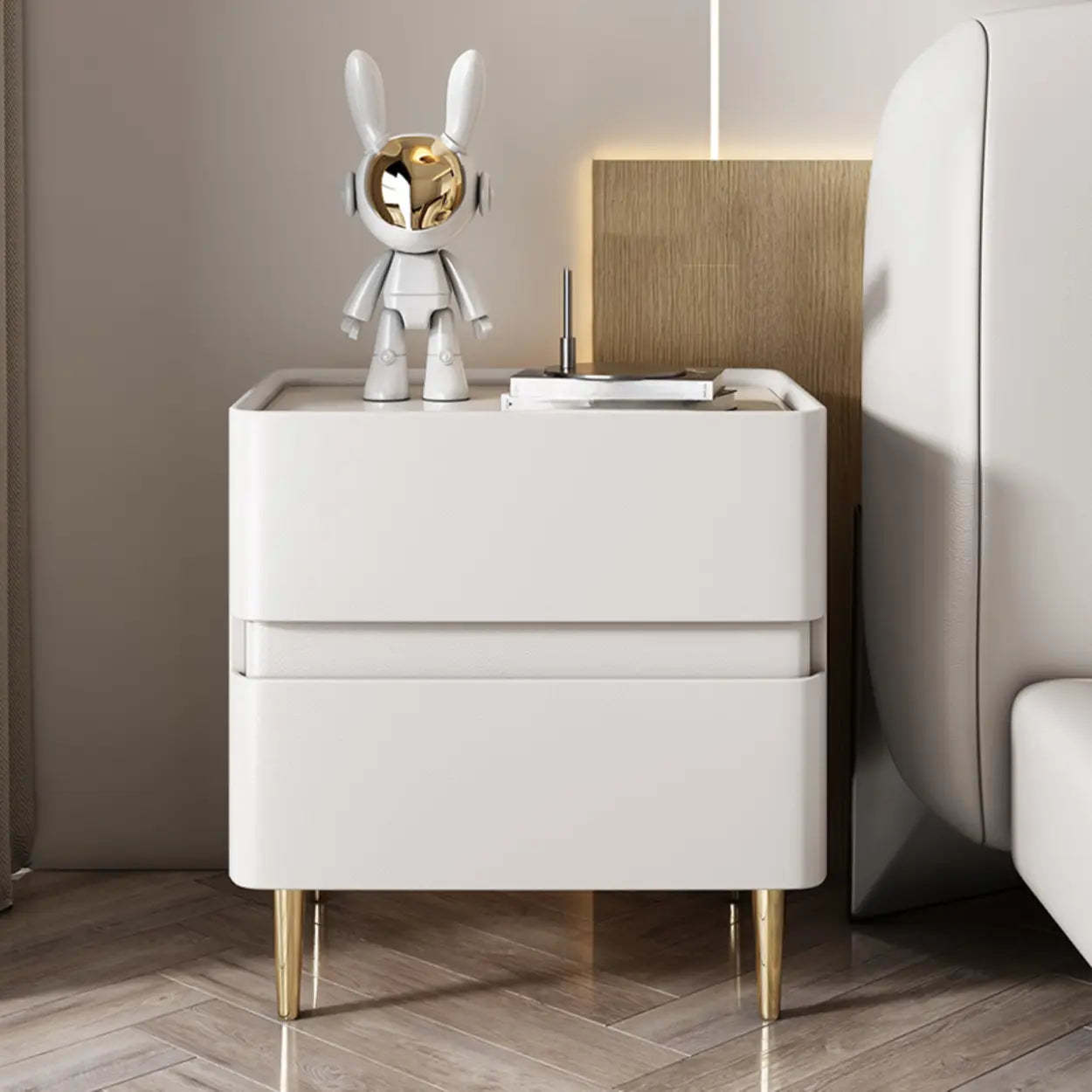 Modern Beige Gold Leg Nightstand with Drawer — Beige