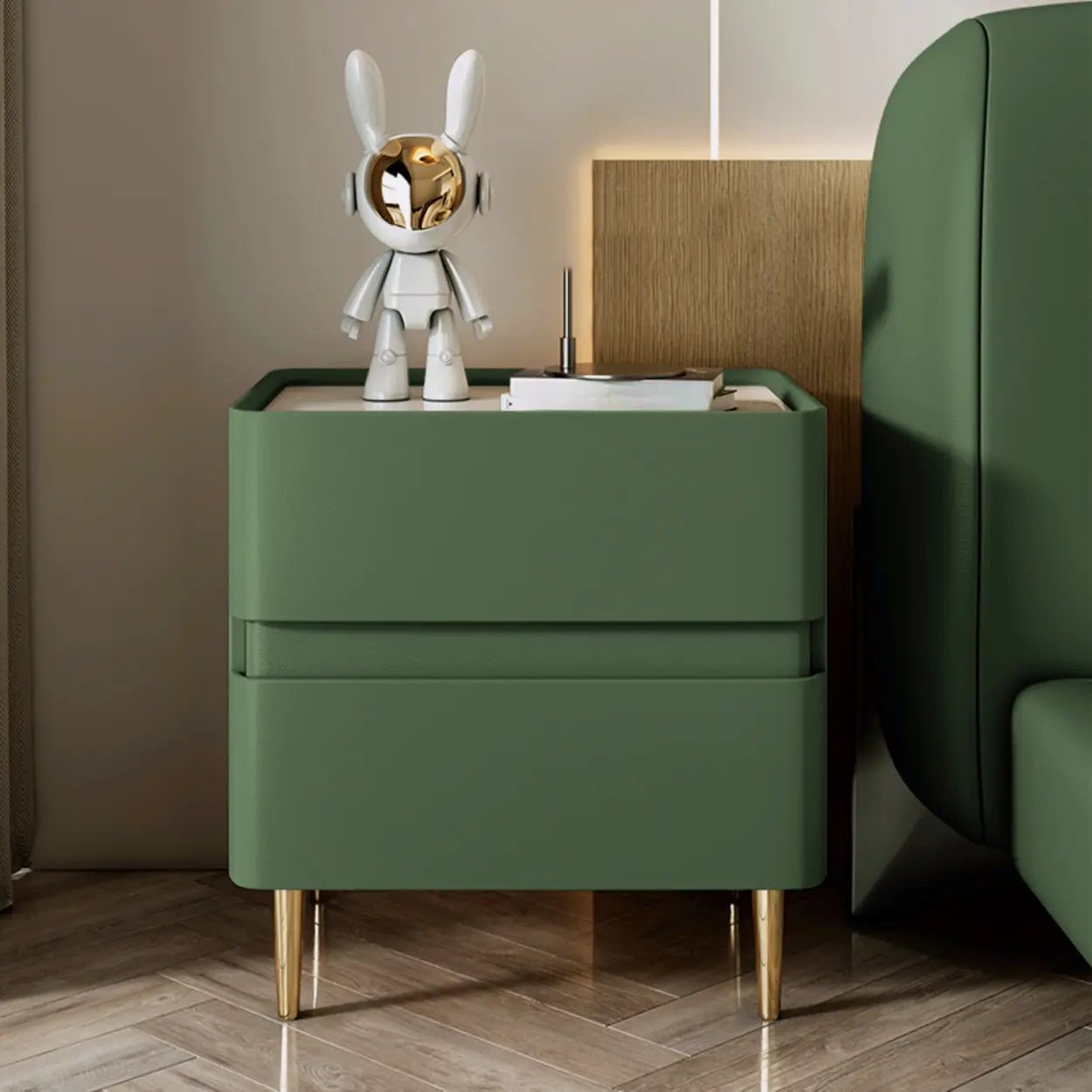 Modern Beige Gold Leg Nightstand with Drawer — Airy Blue
