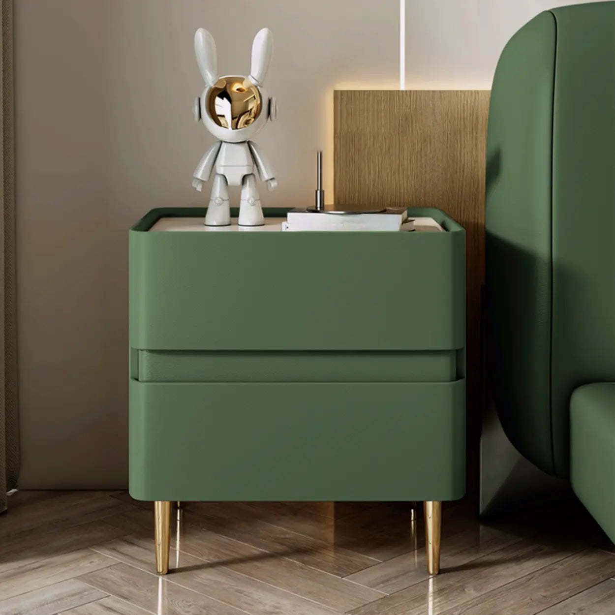 Modern Beige Gold Leg Nightstand with Drawer — Airy Blue