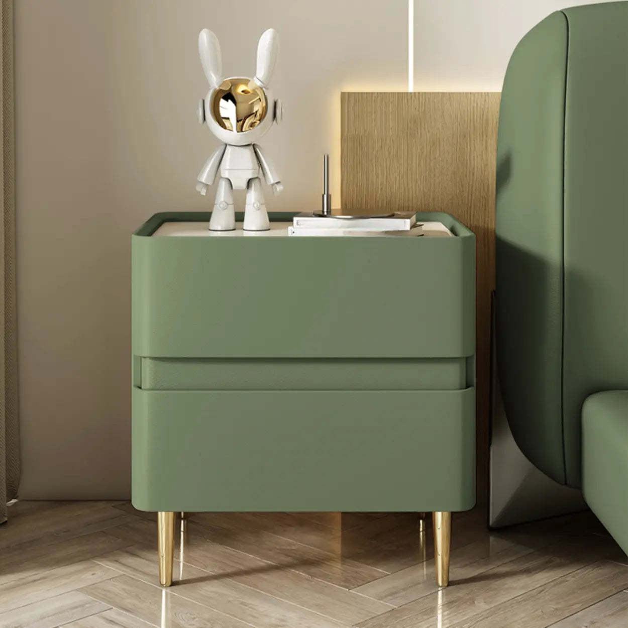 Modern Beige Gold Leg Nightstand with Drawer — Airy Blue