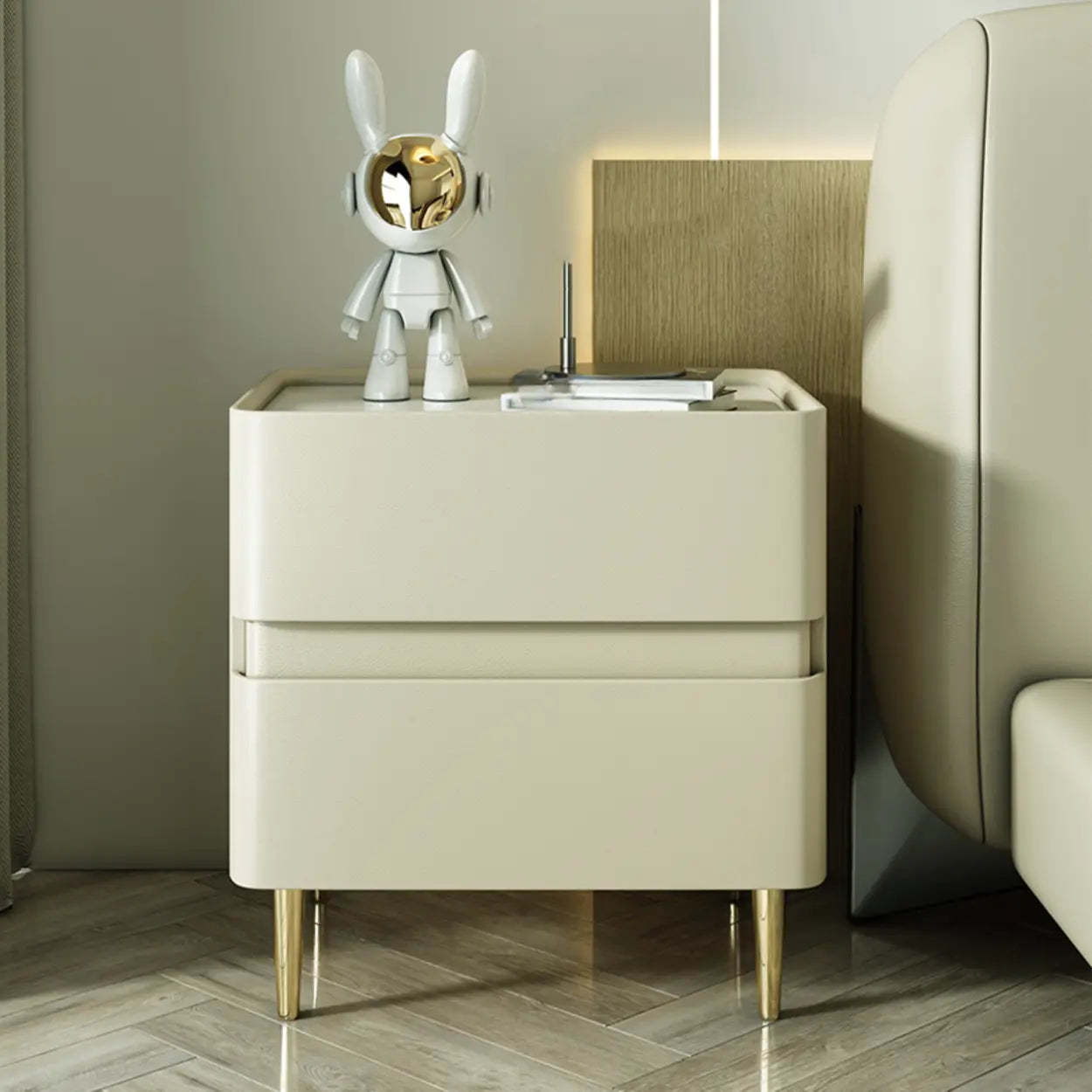 Modern Beige Gold Leg Nightstand with Drawer — Black