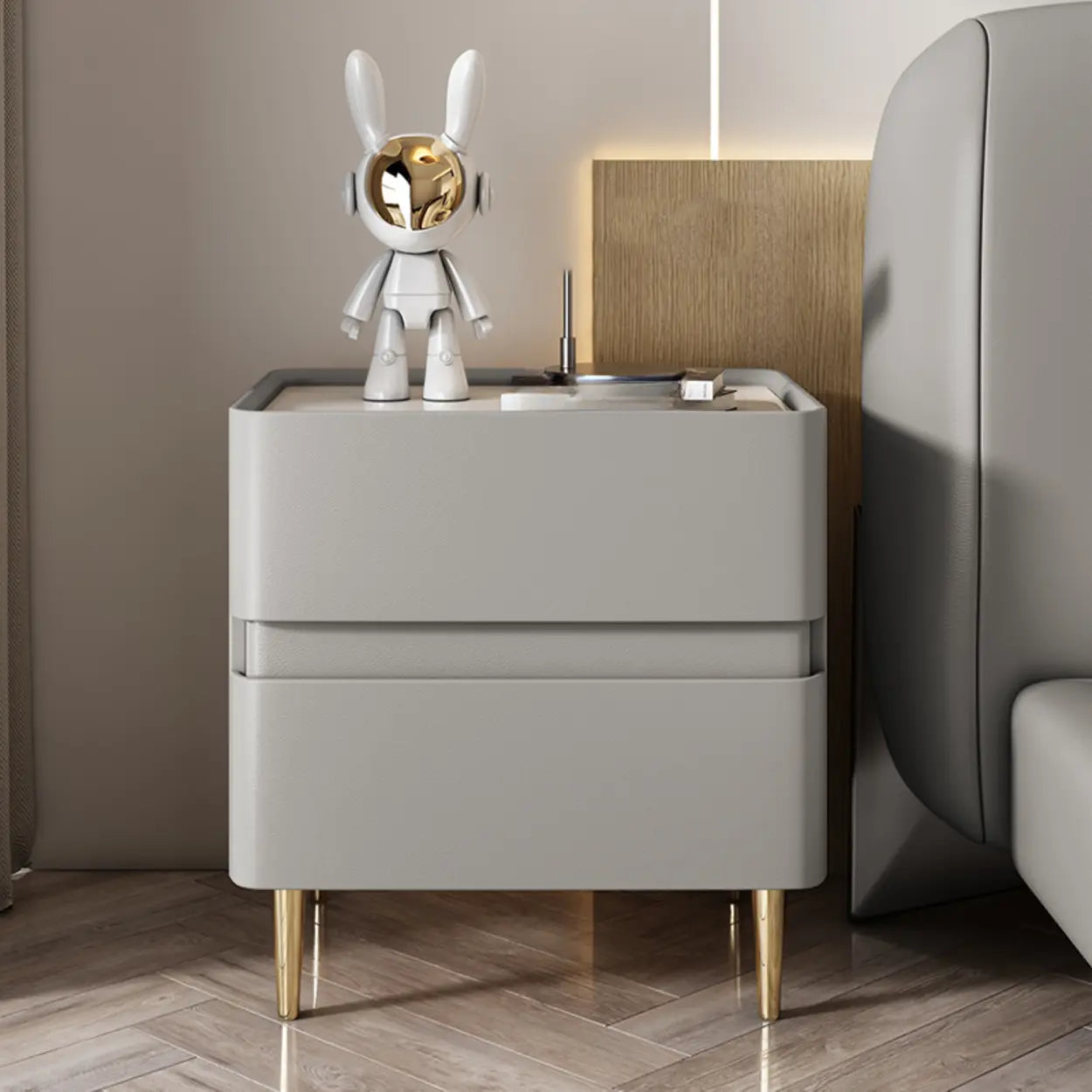 Modern Beige Gold Leg Nightstand with Drawer — Black
