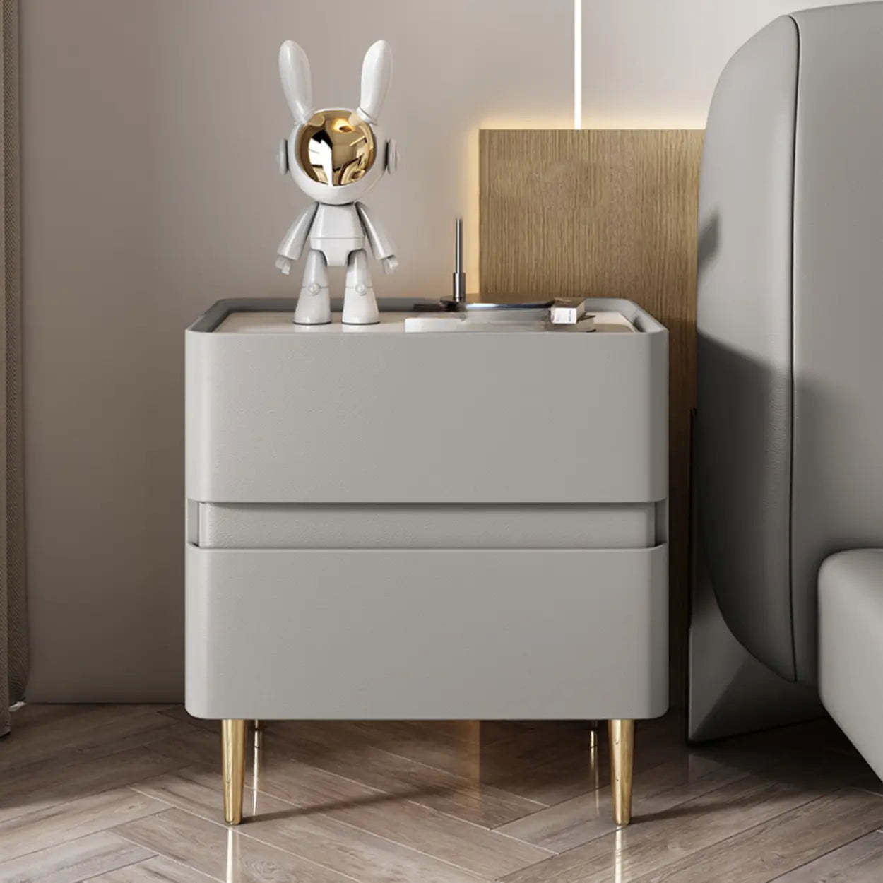 Modern Beige Gold Leg Nightstand with Drawer — Black