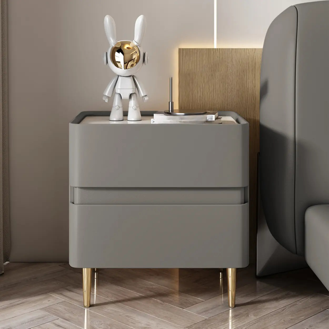Modern Beige Gold Leg Nightstand with Drawer — White