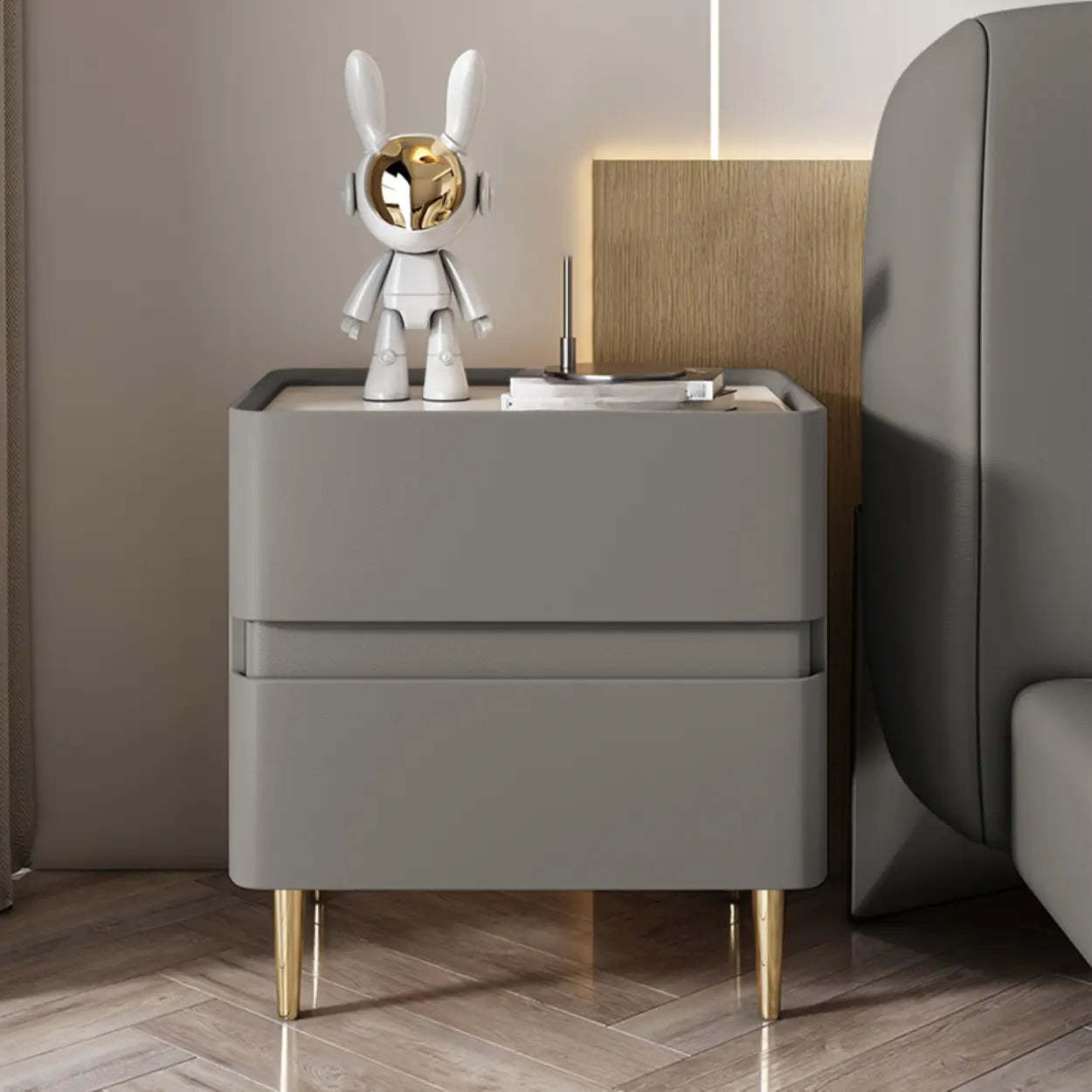 Modern Beige Gold Leg Nightstand with Drawer — White