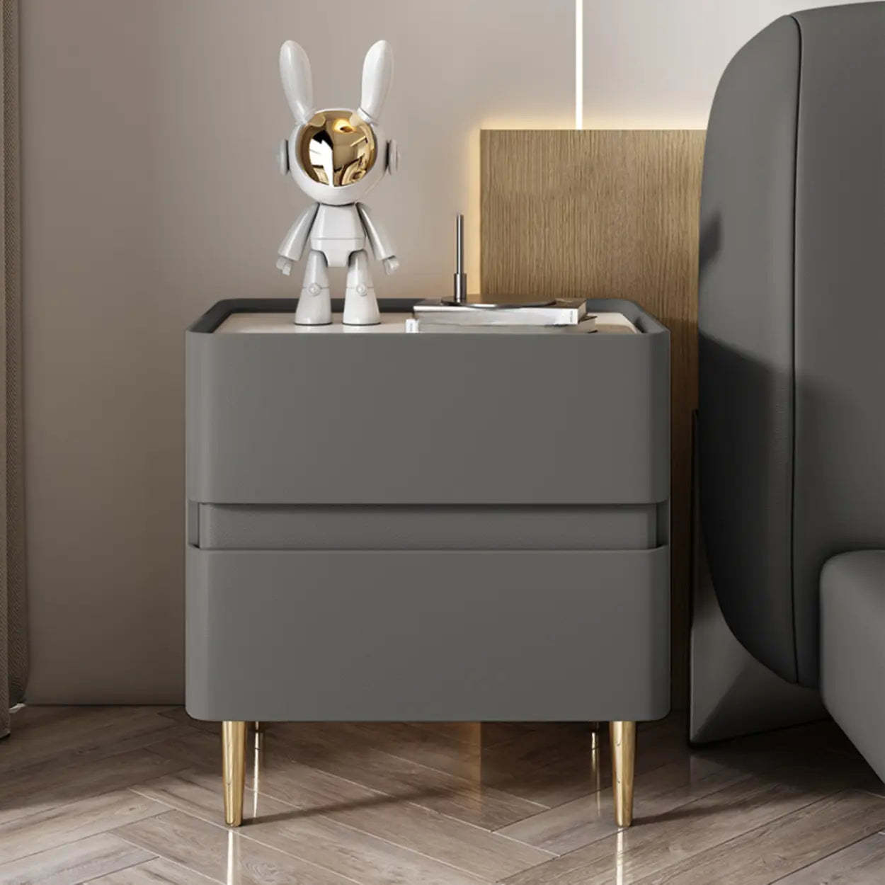 Modern Beige Gold Leg Nightstand with Drawer — Off-White
