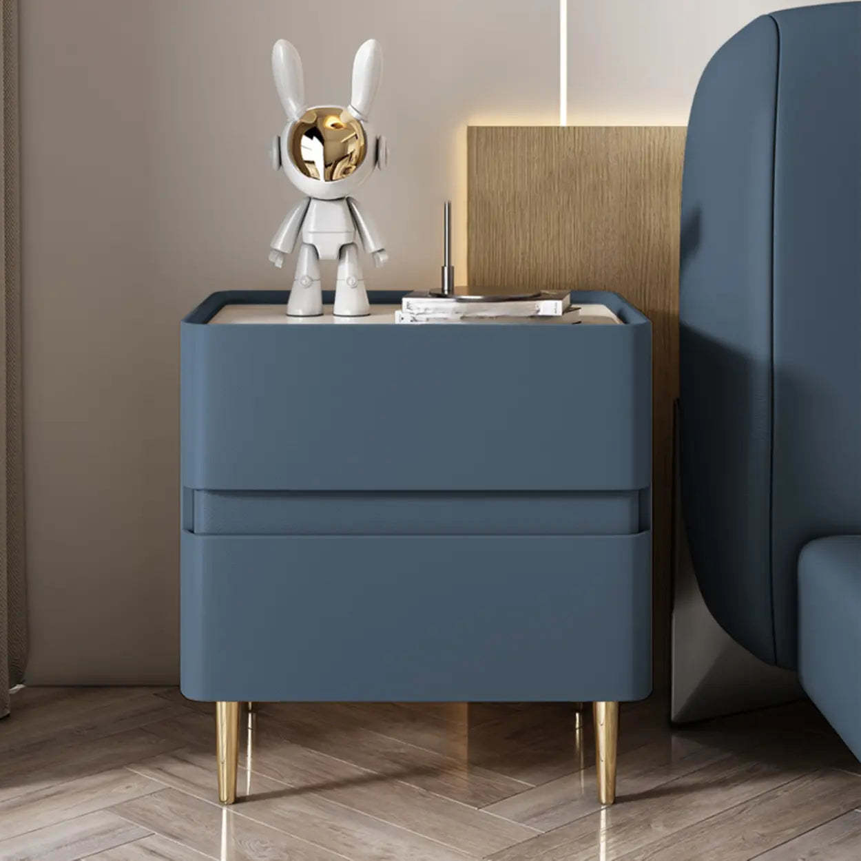Modern Beige Gold Leg Nightstand with Drawer — Off-White