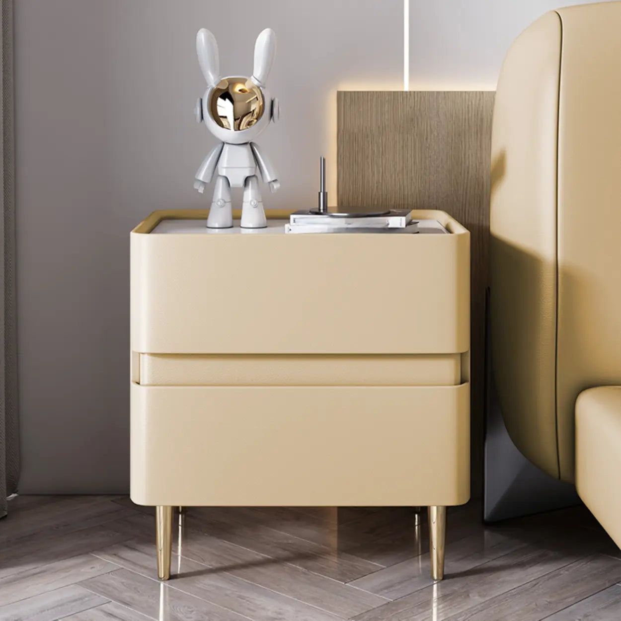 Modern Beige Gold Leg Nightstand with Drawer — Off-White