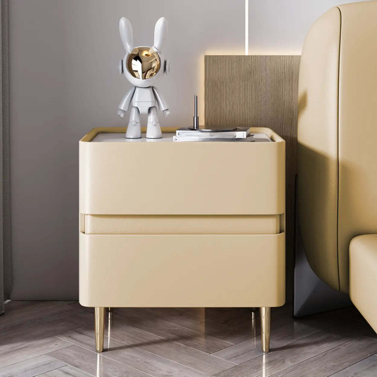 Modern Beige Gold Leg Nightstand with Drawer — Off-White