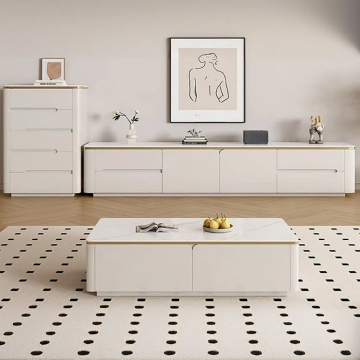 Modern Beige Marble Top Storage TV Stand