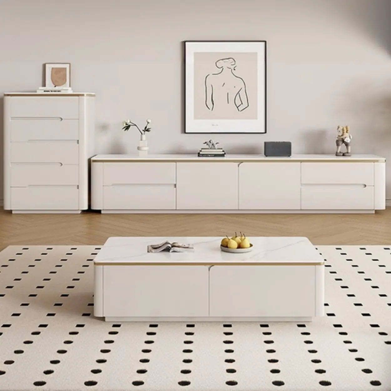 Modern Beige Marble Top Storage TV Stand