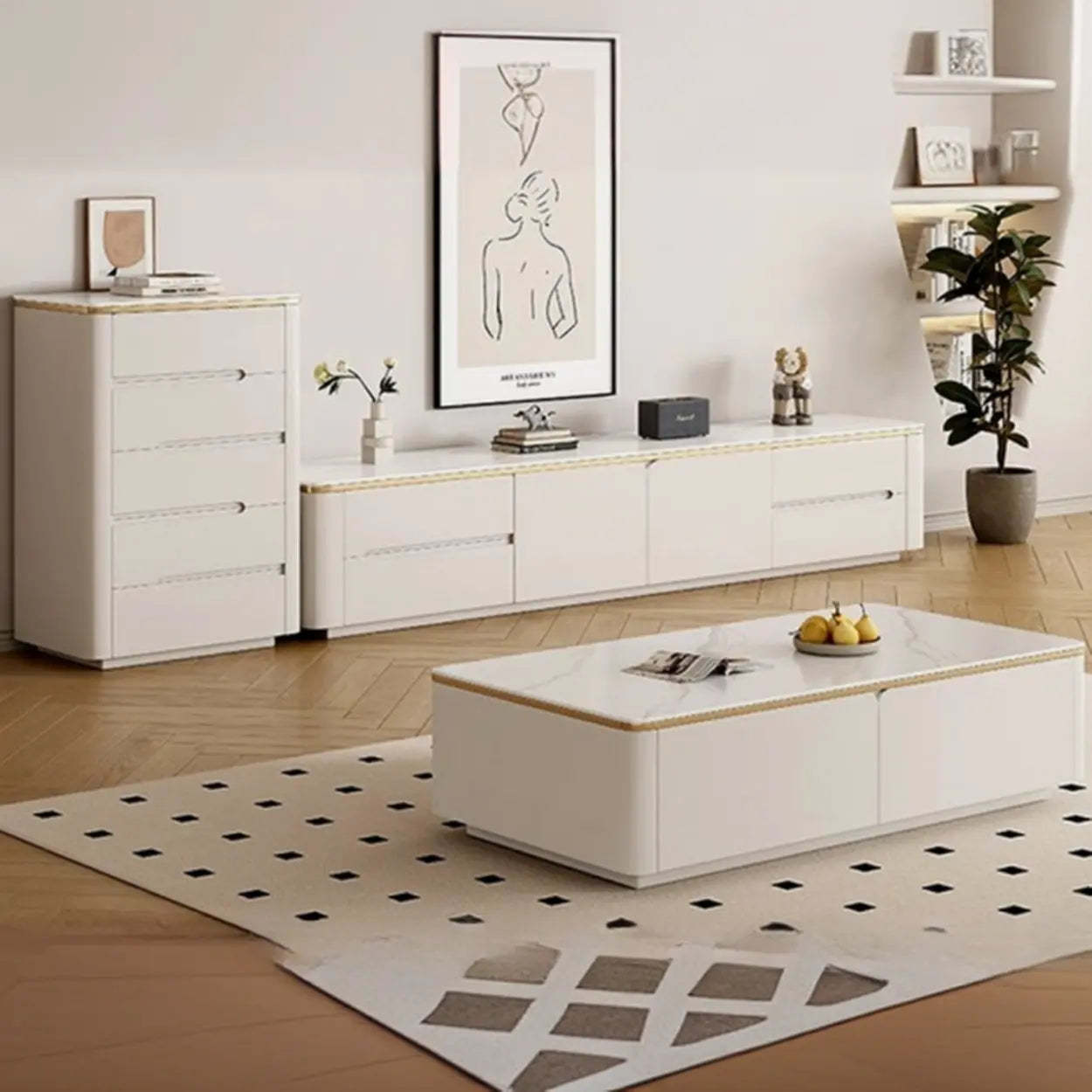 Modern Beige Marble Top Storage TV Stand