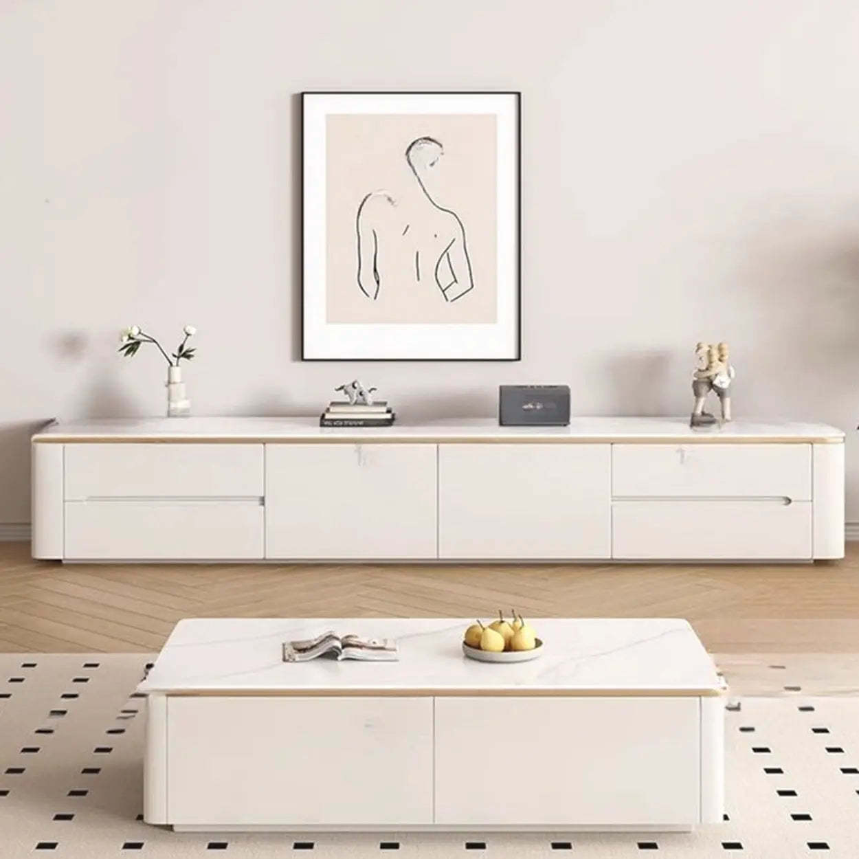 Modern Beige Marble Top Storage TV Stand