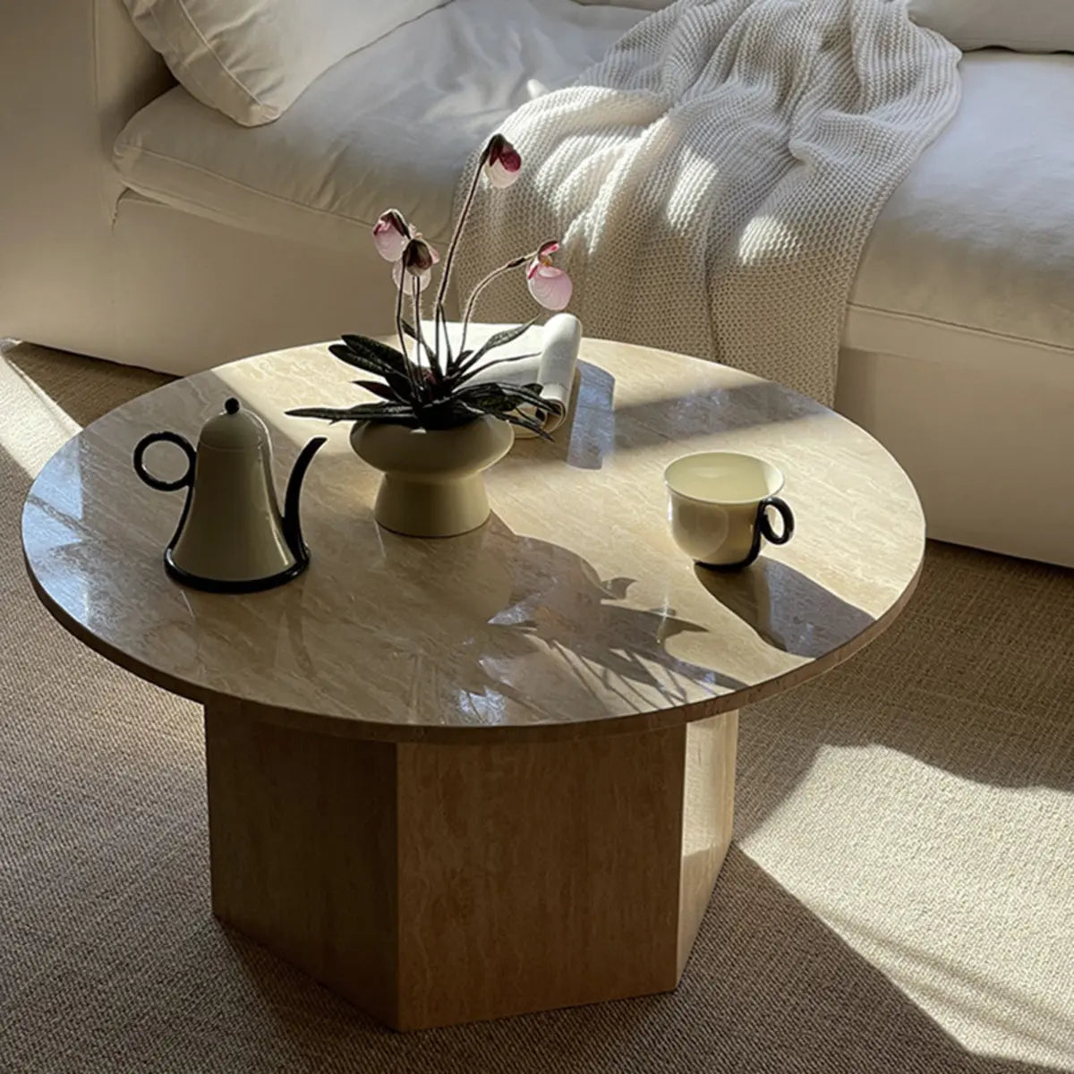 Modern Beige Travertine Round Low Coffee Table