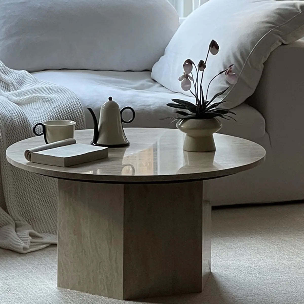 Modern Beige Travertine Round Low Coffee Table