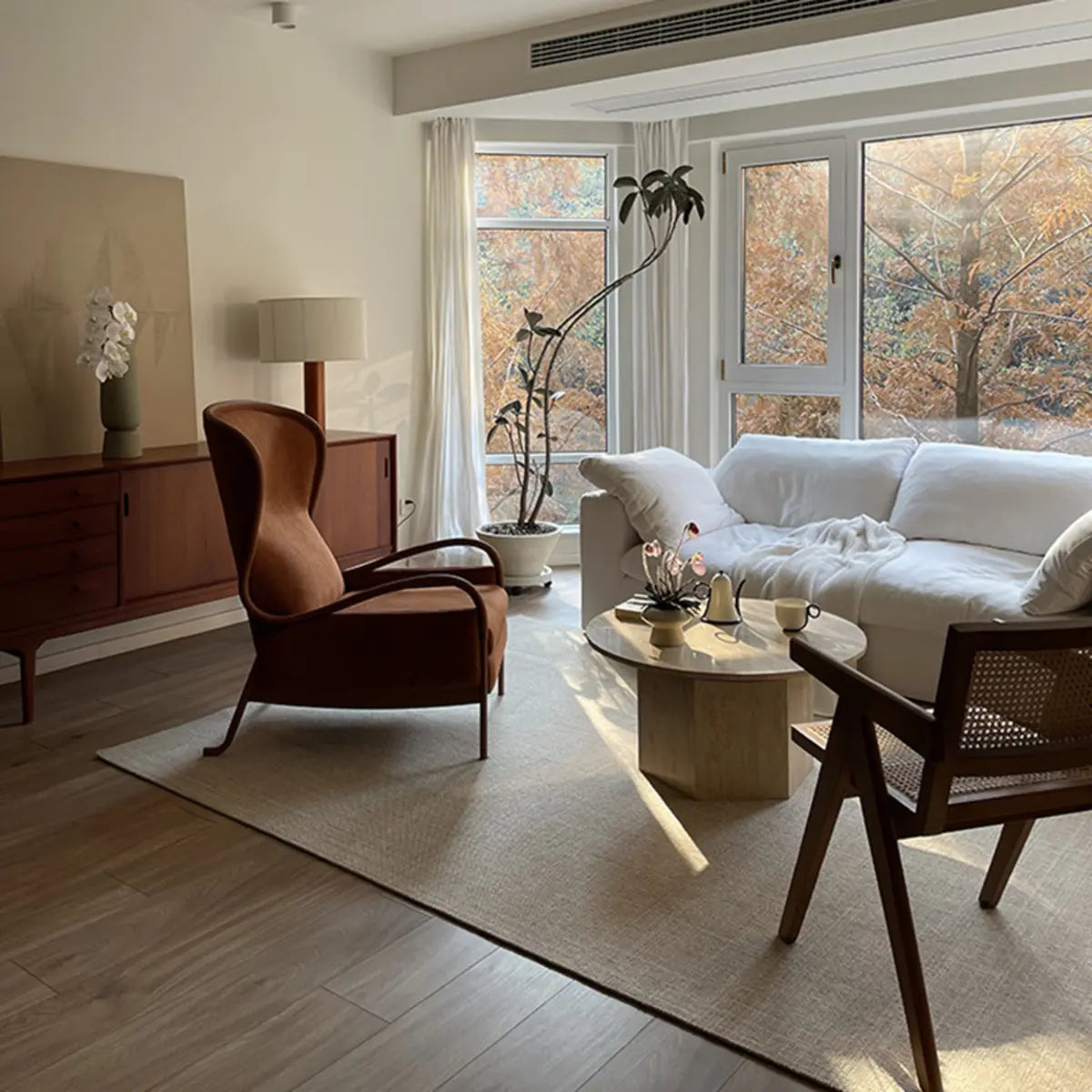 Modern Beige Travertine Round Low Coffee Table