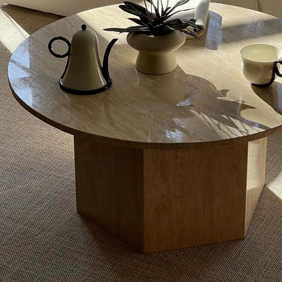Modern Beige Travertine Round Low Coffee Table