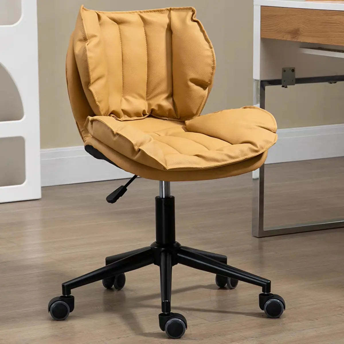 Modern Beige Upholstered Alloy Office Stool with Wheels — Silver / Light Gray