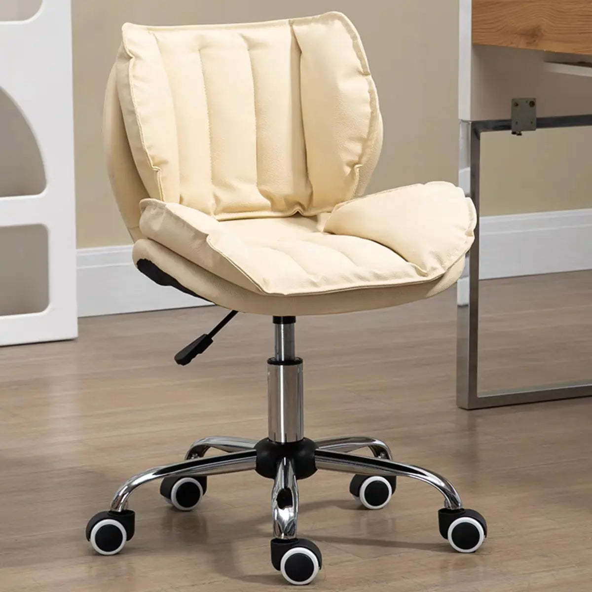 Modern Beige Upholstered Alloy Office Stool with Wheels — Silver / Orange