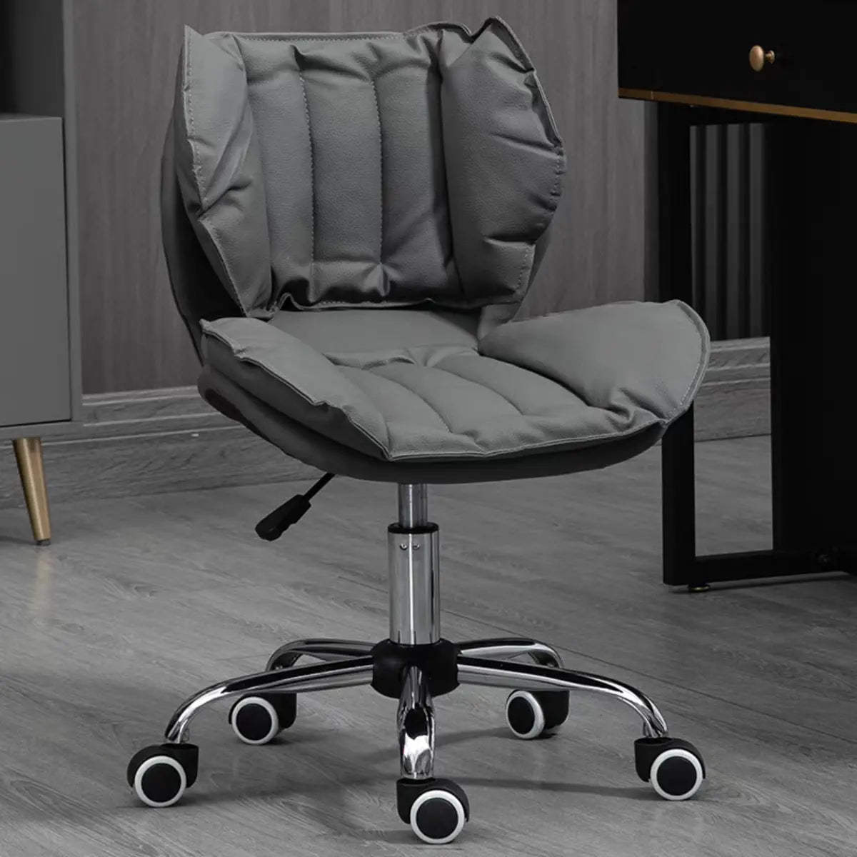 Modern Beige Upholstered Alloy Office Stool with Wheels