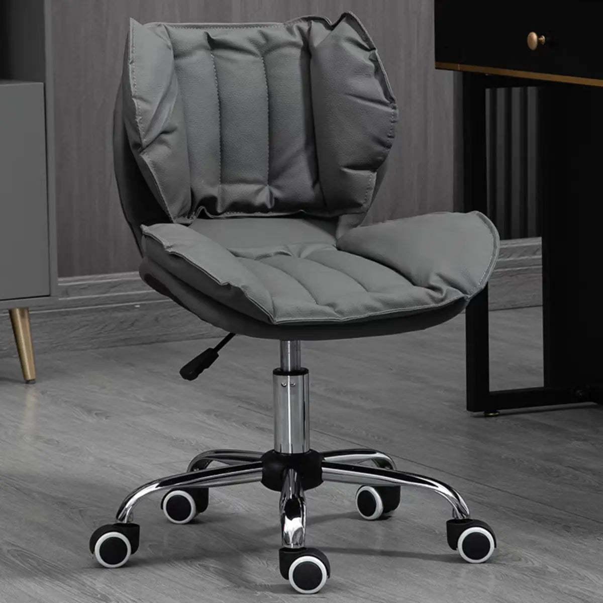 Modern Beige Upholstered Alloy Office Stool with Wheels