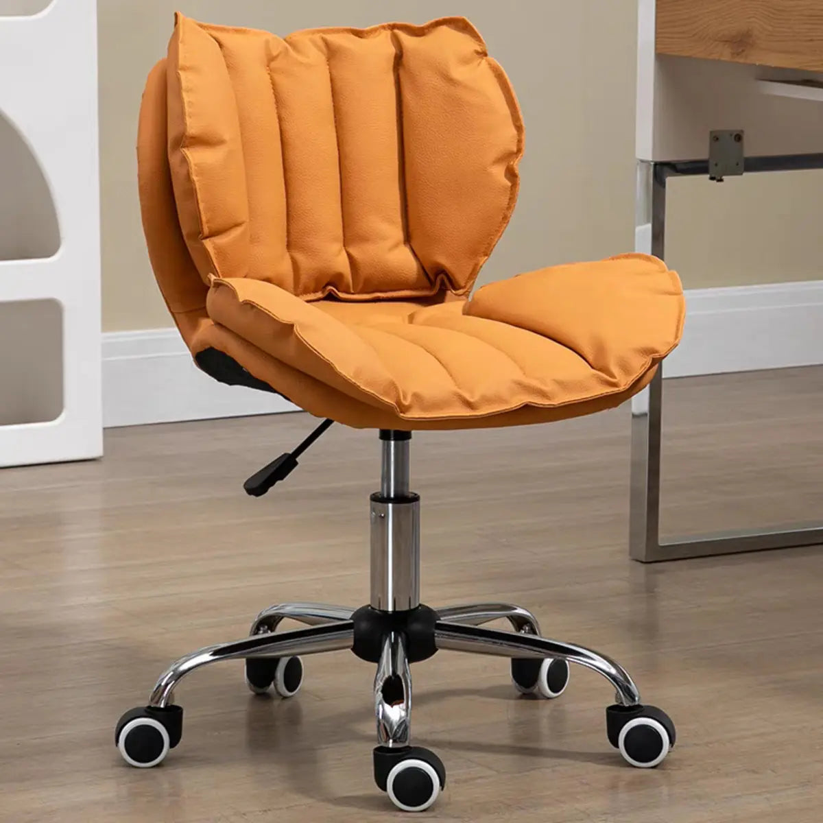 Modern Beige Upholstered Alloy Office Stool with Wheels