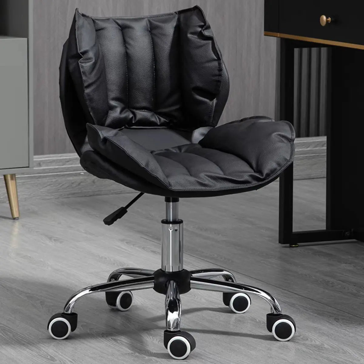 Modern Beige Upholstered Alloy Office Stool with Wheels